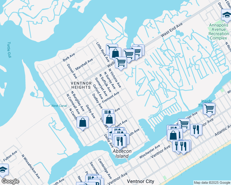 map of restaurants, bars, coffee shops, grocery stores, and more near 508 North Victoria Avenue in Ventnor City