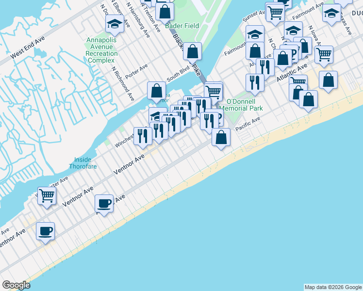 map of restaurants, bars, coffee shops, grocery stores, and more near 4012 Ventnor Avenue in Atlantic City