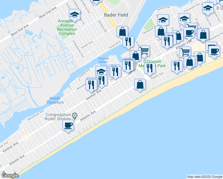 map of restaurants, bars, coffee shops, grocery stores, and more near 4012 Ventnor Avenue in Atlantic City