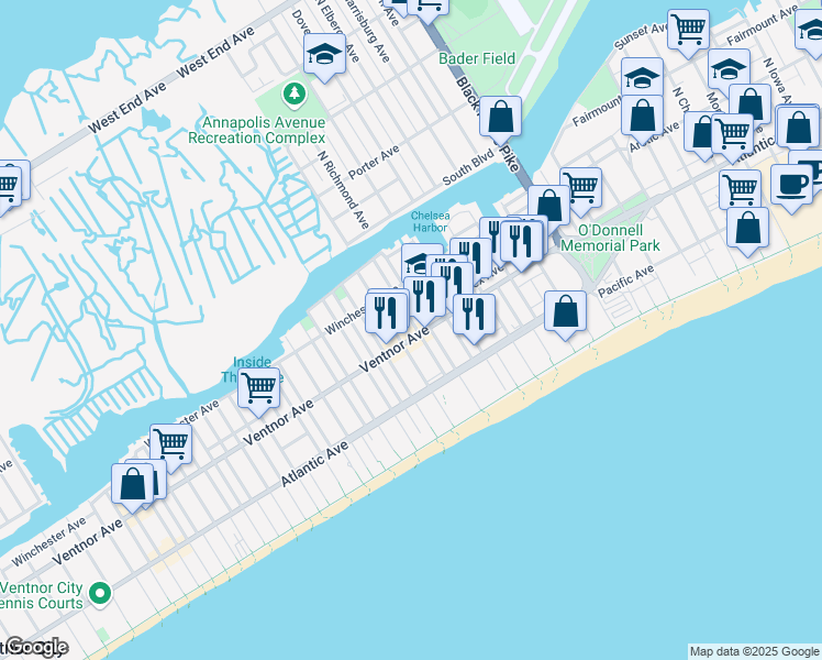 map of restaurants, bars, coffee shops, grocery stores, and more near 46 North Laclede Place in Atlantic City