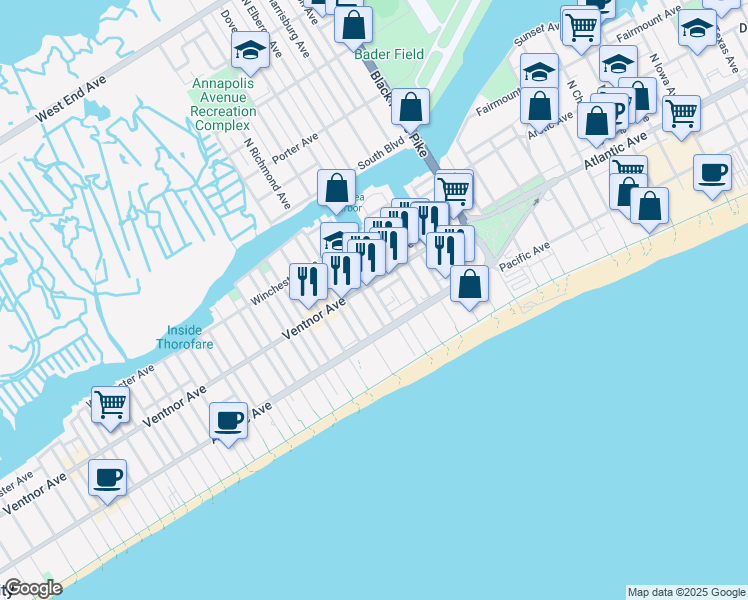 map of restaurants, bars, coffee shops, grocery stores, and more near 4012 Ventnor Avenue in Atlantic City