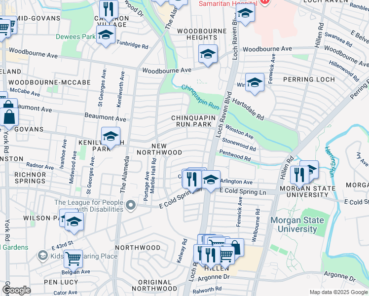 map of restaurants, bars, coffee shops, grocery stores, and more near 1346 Pentwood Road in Baltimore