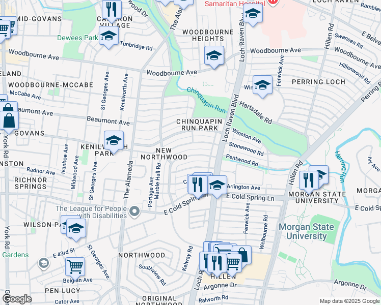 map of restaurants, bars, coffee shops, grocery stores, and more near 1346 Pentwood Road in Baltimore