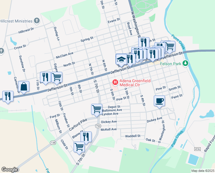 map of restaurants, bars, coffee shops, grocery stores, and more near 627 Mirabeau Street in Greenfield