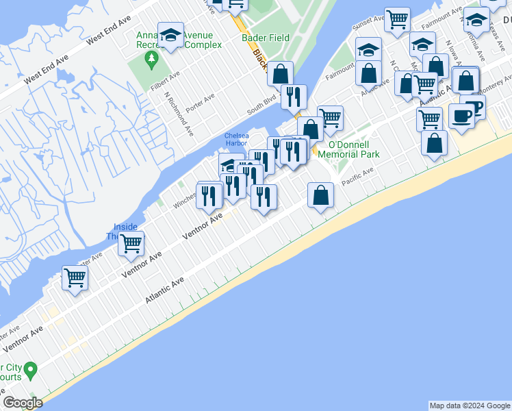 map of restaurants, bars, coffee shops, grocery stores, and more near 19 South Windsor Avenue in Atlantic City