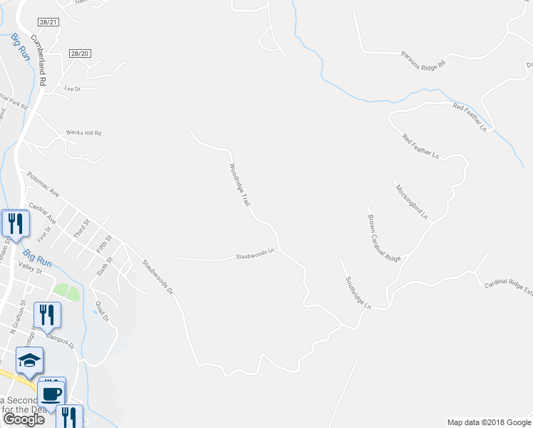 map of restaurants, bars, coffee shops, grocery stores, and more near 124 Woodridge Trail in Romney