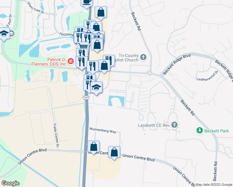 map of restaurants, bars, coffee shops, grocery stores, and more near 4916 Regency Court in Beckett Ridge