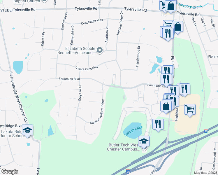 map of restaurants, bars, coffee shops, grocery stores, and more near 6601 Fountains Boulevard in Butler County