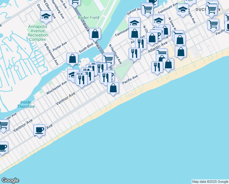 map of restaurants, bars, coffee shops, grocery stores, and more near 101 Lincoln Place in Atlantic City