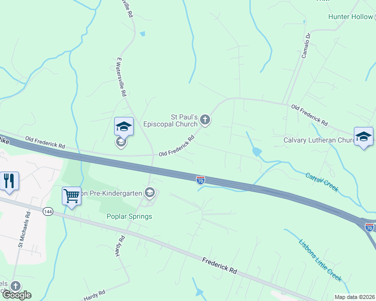 map of restaurants, bars, coffee shops, grocery stores, and more near 16569 Old Frederick Road in Mount Airy