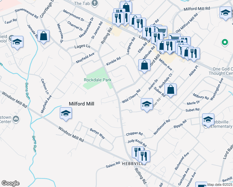 map of restaurants, bars, coffee shops, grocery stores, and more near 3400 Milford Mill Road in Milford Mill