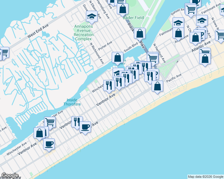 map of restaurants, bars, coffee shops, grocery stores, and more near 46 North Laclede Place in Atlantic City