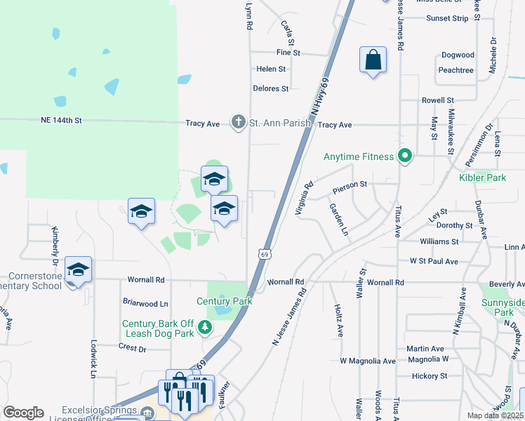 map of restaurants, bars, coffee shops, grocery stores, and more near 701 Tiger Drive in Excelsior Springs