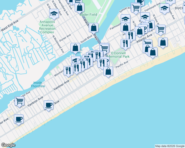 map of restaurants, bars, coffee shops, grocery stores, and more near 31 South Elberon Avenue in Atlantic City