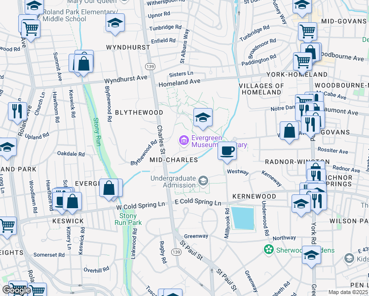 map of restaurants, bars, coffee shops, grocery stores, and more near 4545 North Charles Street in Baltimore