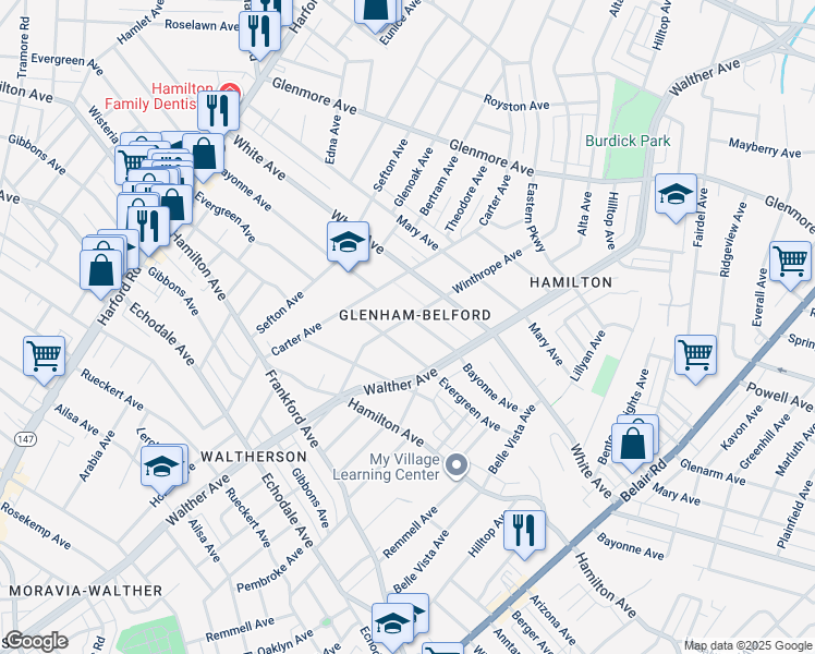 map of restaurants, bars, coffee shops, grocery stores, and more near 3601 Bayonne Avenue in Baltimore