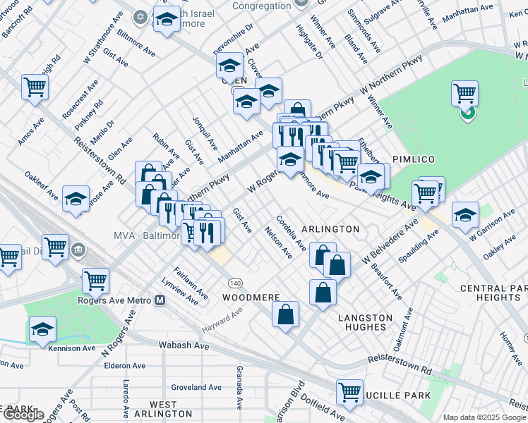 map of restaurants, bars, coffee shops, grocery stores, and more near 5424 Jonquil Avenue in Baltimore