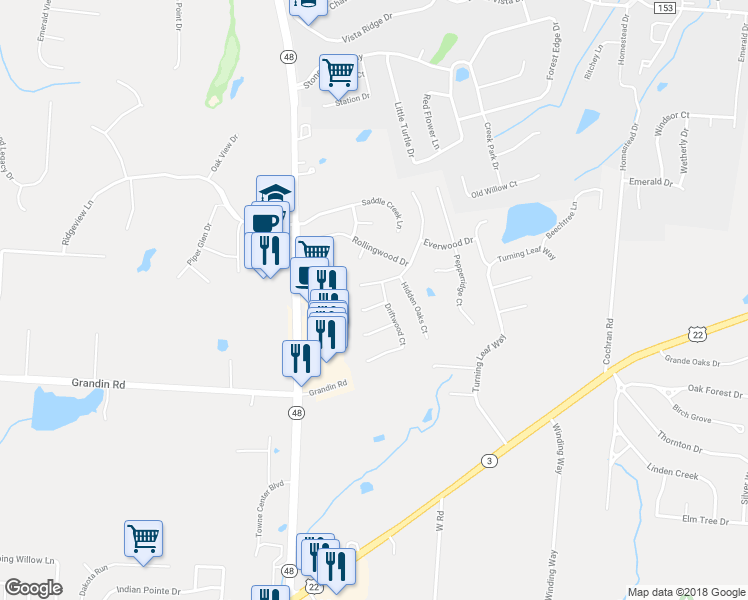 map of restaurants, bars, coffee shops, grocery stores, and more near 154 Azure View Court in Maineville