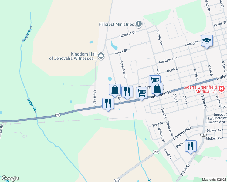 map of restaurants, bars, coffee shops, grocery stores, and more near 13475 Ohio 28 in Greenfield