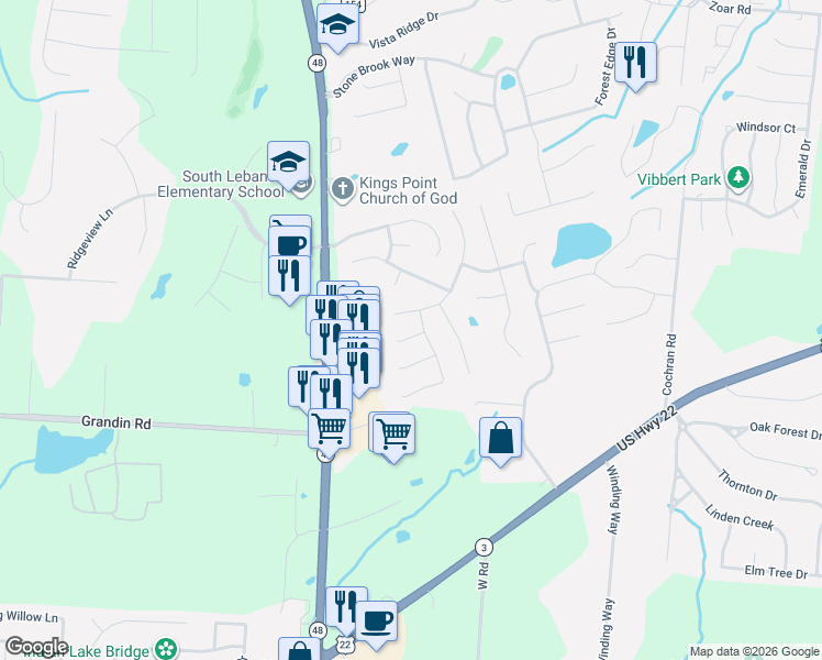 map of restaurants, bars, coffee shops, grocery stores, and more near 5892 Eagle Creek Court in Maineville