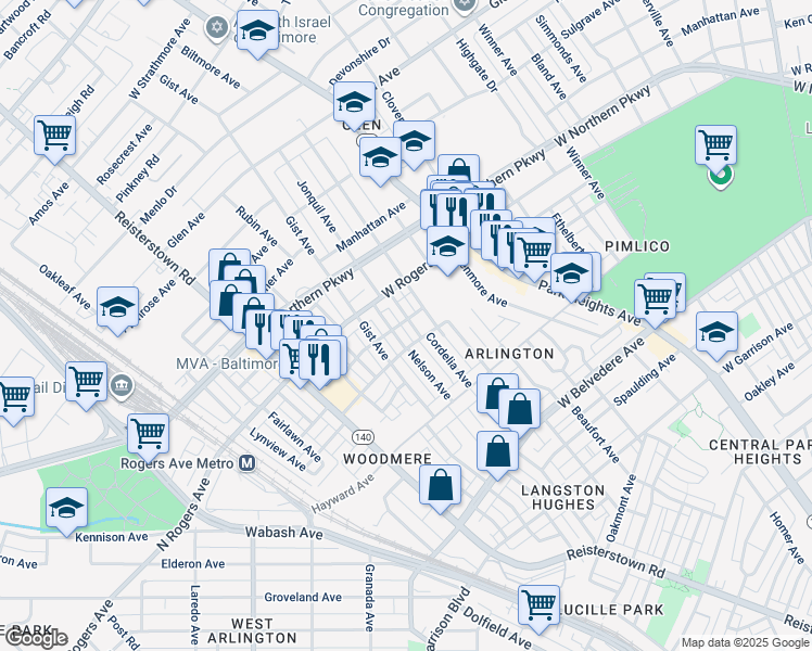 map of restaurants, bars, coffee shops, grocery stores, and more near 5424 Jonquil Avenue in Baltimore