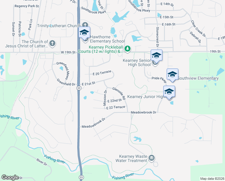map of restaurants, bars, coffee shops, grocery stores, and more near 2109 Glenside Road in Kearney