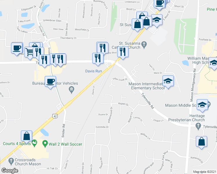map of restaurants, bars, coffee shops, grocery stores, and more near 5636 Cross Creek Court in Mason