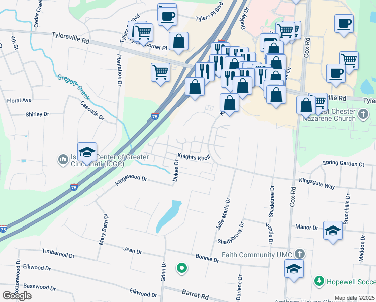 map of restaurants, bars, coffee shops, grocery stores, and more near 7515 Dover Drive in Butler County