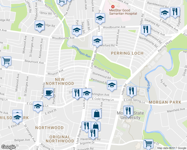 map of restaurants, bars, coffee shops, grocery stores, and more near 1501 Stonewood Road in Baltimore