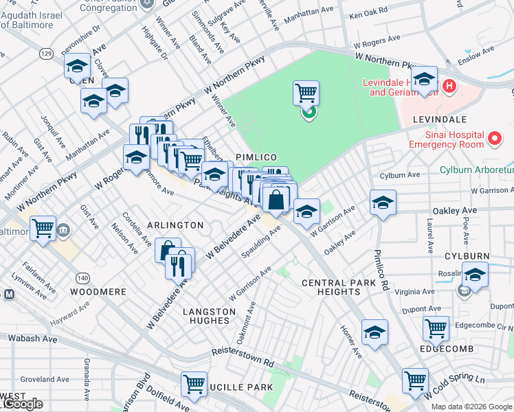 map of restaurants, bars, coffee shops, grocery stores, and more near 5299 Park Heights Ave in Baltimore