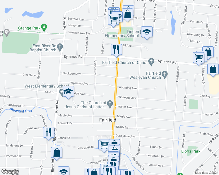 map of restaurants, bars, coffee shops, grocery stores, and more near 571 Wyoming Avenue in Fairfield