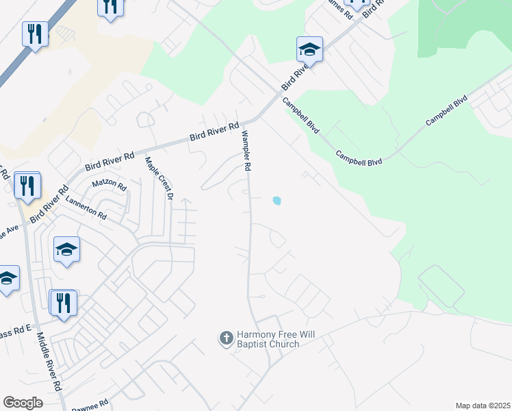 map of restaurants, bars, coffee shops, grocery stores, and more near 1007 Wampler Road in Middle River