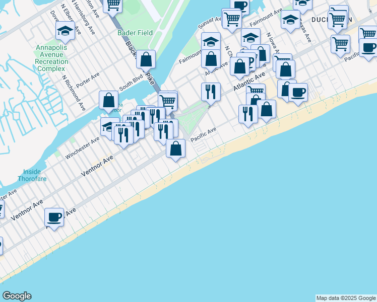 map of restaurants, bars, coffee shops, grocery stores, and more near 3700 Atlantic Avenue in Atlantic City