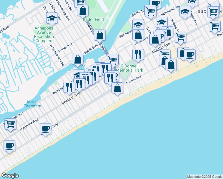 map of restaurants, bars, coffee shops, grocery stores, and more near 3813 Atlantic Avenue in Atlantic City