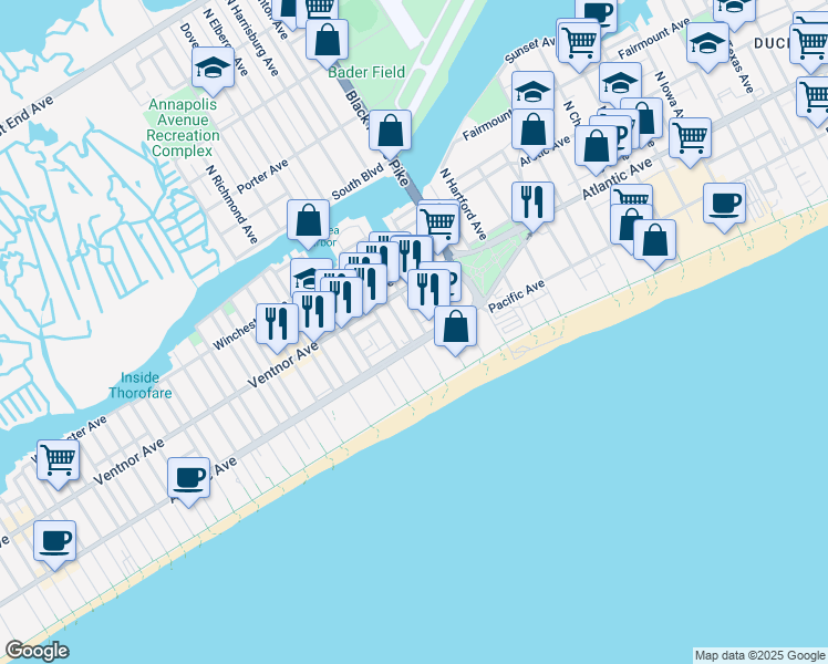 map of restaurants, bars, coffee shops, grocery stores, and more near 31 South Elberon Avenue in Atlantic City