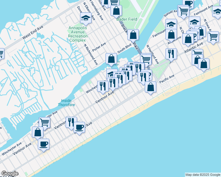 map of restaurants, bars, coffee shops, grocery stores, and more near 21a North Windsor Avenue in Atlantic City