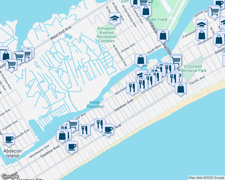 map of restaurants, bars, coffee shops, grocery stores, and more near 132 Bartram Avenue in Atlantic City