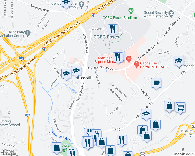 map of restaurants, bars, coffee shops, grocery stores, and more near Lionhead Court in Rosedale