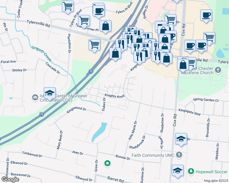 map of restaurants, bars, coffee shops, grocery stores, and more near 7521 Queen Ann Court in Butler County