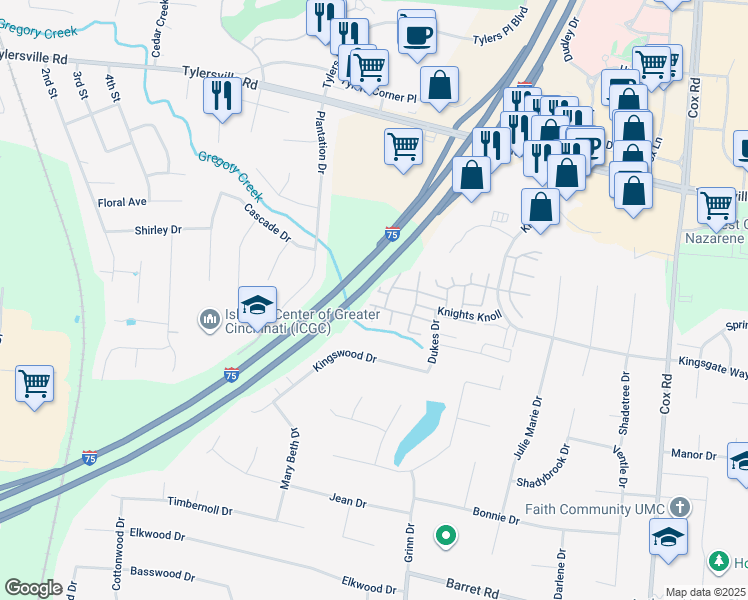 map of restaurants, bars, coffee shops, grocery stores, and more near 7563 Chateau Court in Butler County