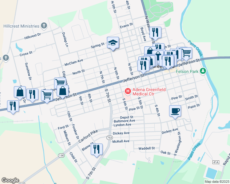 map of restaurants, bars, coffee shops, grocery stores, and more near 627 Mirabeau Street in Greenfield