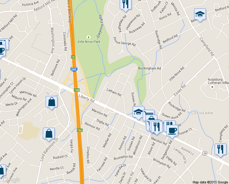 map of restaurants, bars, coffee shops, grocery stores, and more near 7406 Latham Road in Lochearn