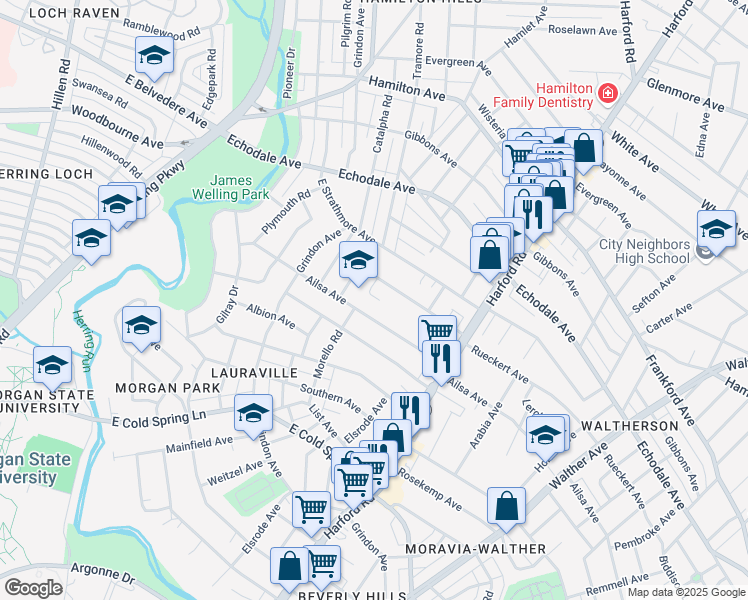 map of restaurants, bars, coffee shops, grocery stores, and more near 2700 Ailsa Avenue in Baltimore