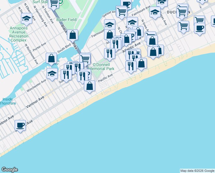 map of restaurants, bars, coffee shops, grocery stores, and more near 3601 Boardwalk in Atlantic City