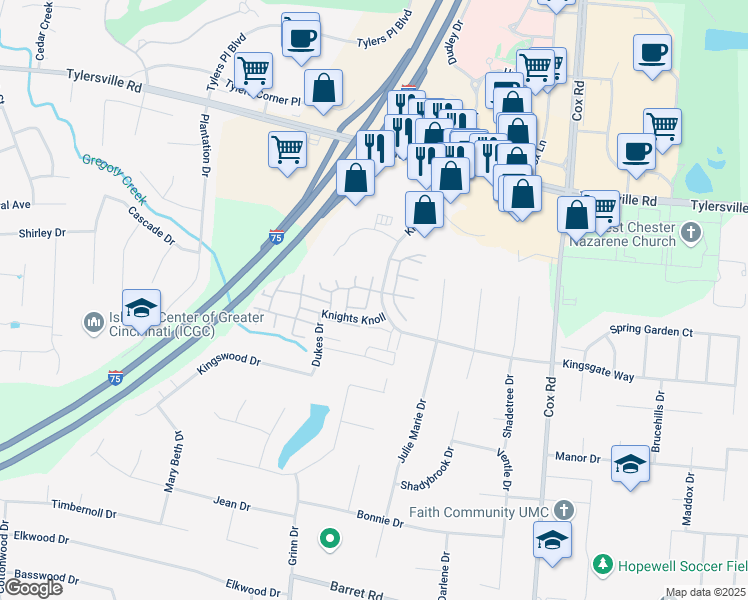 map of restaurants, bars, coffee shops, grocery stores, and more near 7521 Queen Ann Court in Butler County