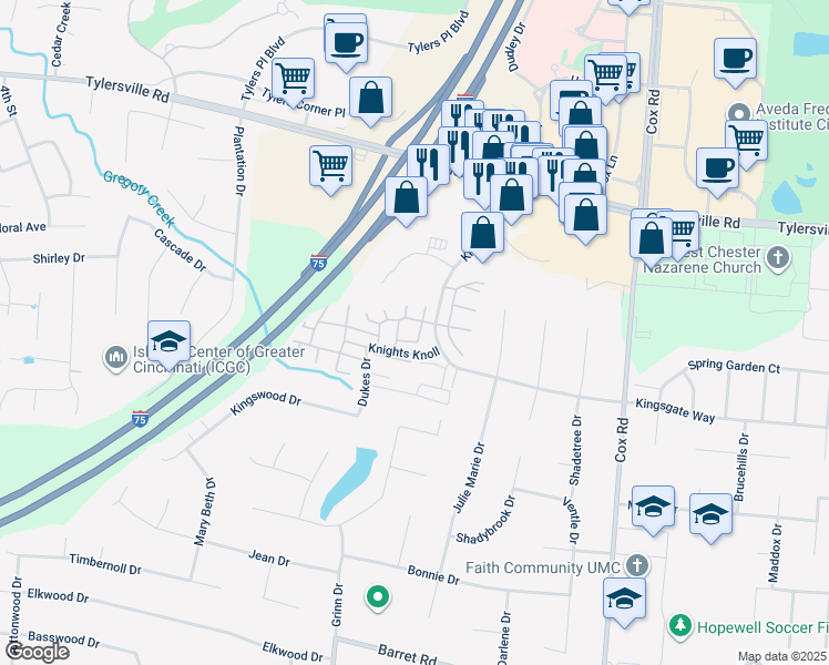 map of restaurants, bars, coffee shops, grocery stores, and more near 7521 Queen Ann Court in Butler County