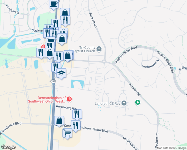 map of restaurants, bars, coffee shops, grocery stores, and more near 8513 Breezewood Court in Beckett Ridge
