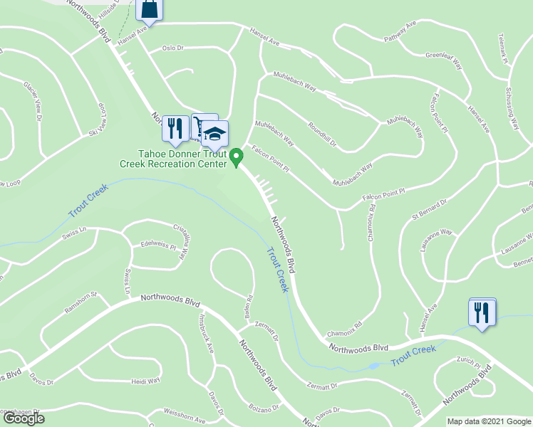 map of restaurants, bars, coffee shops, grocery stores, and more near 12452 Northwoods Boulevard in Truckee