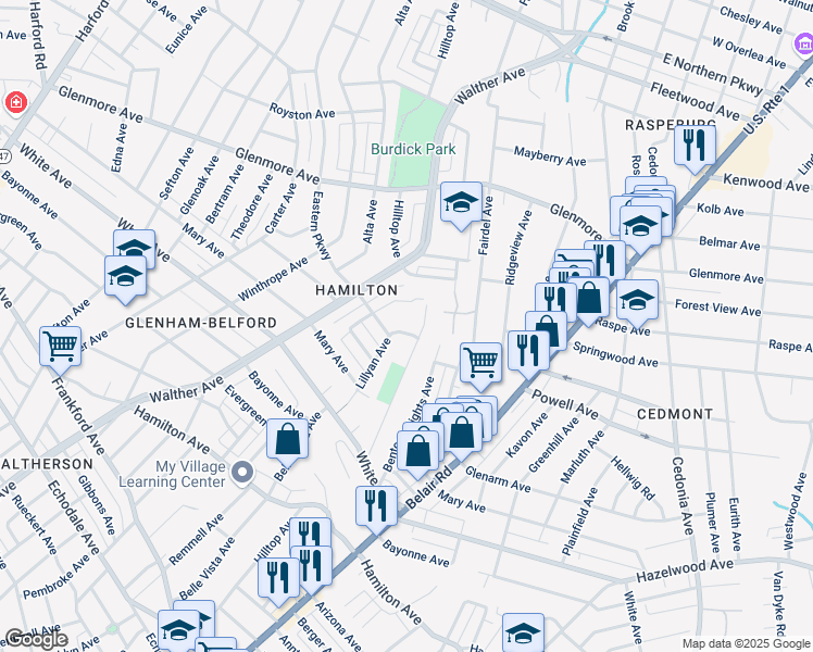 map of restaurants, bars, coffee shops, grocery stores, and more near 3816 Parkmont Avenue in Baltimore