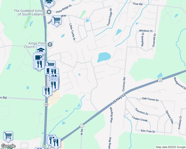 map of restaurants, bars, coffee shops, grocery stores, and more near 5864 Pepperridge Court in Maineville